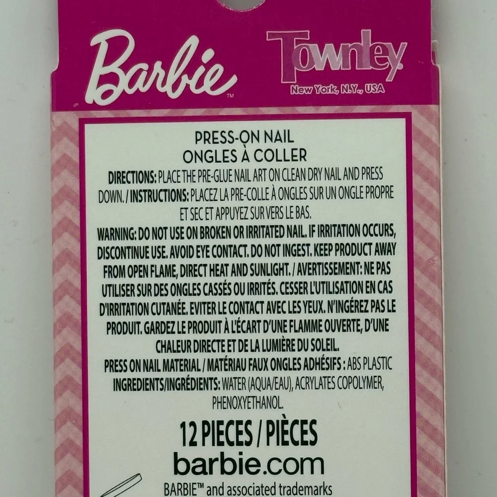 Barbie Press-On Nail Art Set Pink Fashion Nails Kids 12 Piece NWT